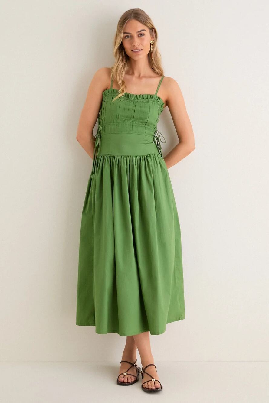 Moon River Tuckernuck Size Large Smocked Green Tie Midi Dress Resort NWT Flaw
